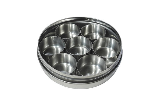 Dynore Stainless Steel Round Pooja Box - Mandir Roli, Chawal,Chandan, Kumkum Puja Mandir Box, Dibbi with 7 Containers- Set of 2