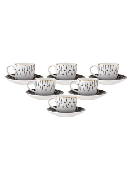 Clay Craft Fine Ceramic Gold Printed Cup & Saucer Set of 12-6 Cups & 6 Saucers - 180 ml Each (MAHARANI Noir N406)