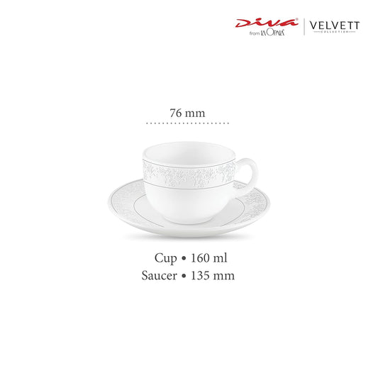 La Opala Diva, Velvett Collection Opal Glass Crockery | Cup & Saucer, Set of 12 | Aria White, 160 ml | for Tea & Coffee | Microwave Safe | 100% Vegetarian | Extra Strong | Super Light | Super White