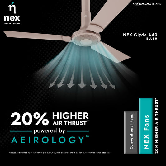 NNEX Glyde A40 1200 mm | BEE 2 Star Rated Premium Ceiling Fan | 20% Higher Air Thrust* | Airfluence™ Al Blades | Adjustable Downrod | 2-Yr Warranty | Blush