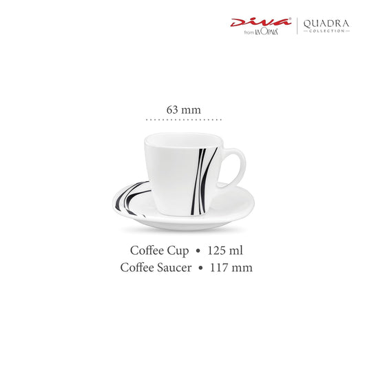 La Opala Diva, Quadra Collection Opal Glass Crockery | Coffee Cup & Saucer, Set of 12 | Midnight Black 125 ml | for Tea & Coffee | Microwave Safe | 100% Vegetarian | Extra Strong | Super Light & White