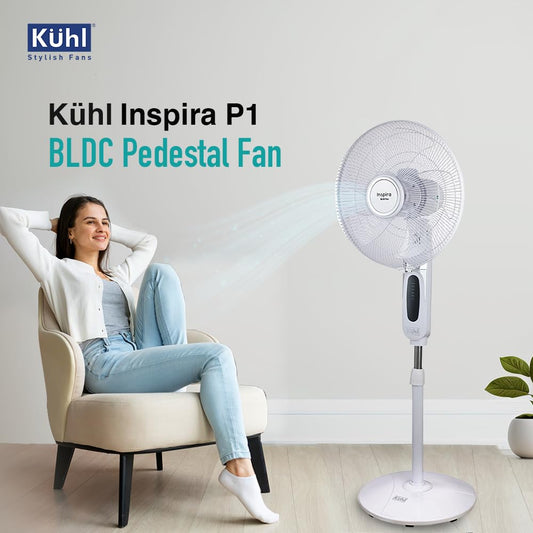 KUHL Inspira P1 | 400mm | BLDC Pedestal Fan with Remote | 5 wings | Touch Screen Control Panel | Height Adjustment | Tilt Mechanism, Swivel Function | Low Noise | White