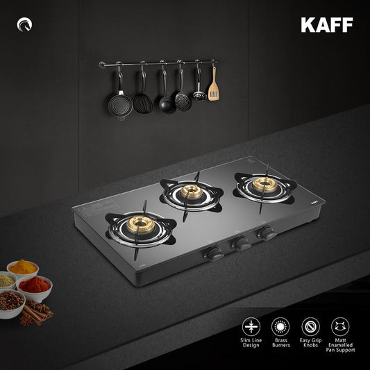 KAFF Cooktop | 3 Burners with Slim Line Design 71 CM | High Efficiency Brass Burners, Black Tempered Glass | Matt Enamelled Pan Support | Black | CTR71-3B