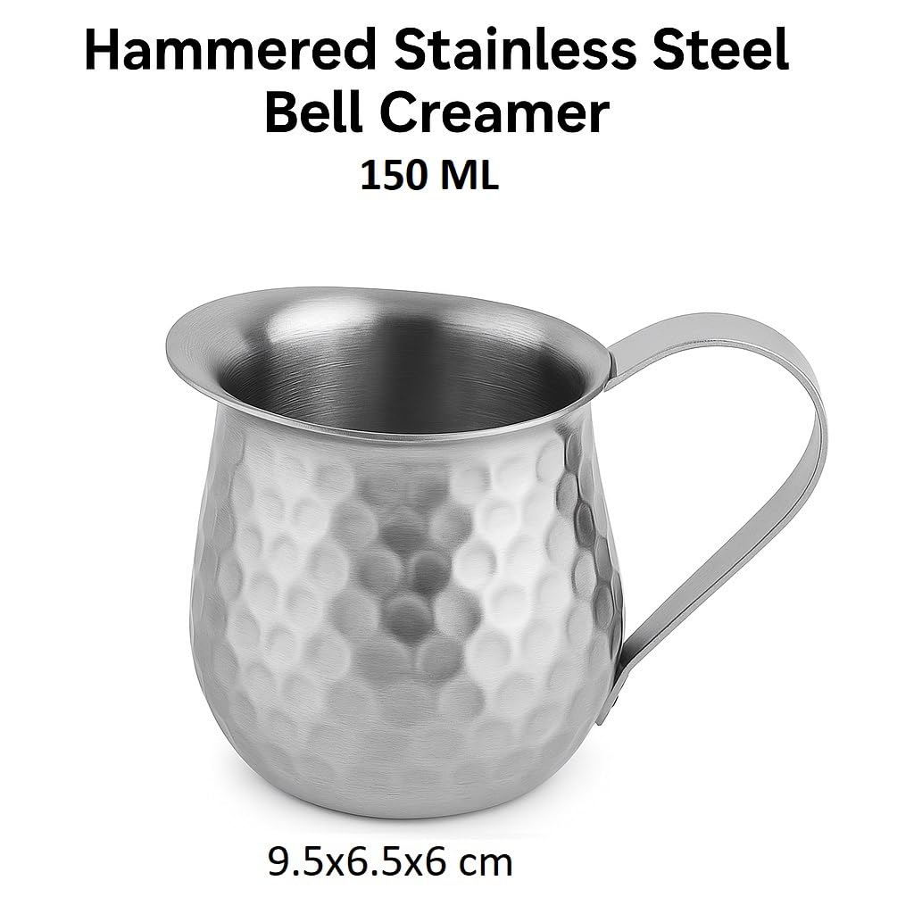 Dynore Stainless Steel Hammered Design Bell Creamer Espresso Shot Frothing Pitcher Cup Latte Art - 150 ml Set of 1 Pc
