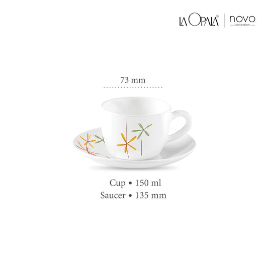La Opala, Novo Collection Opal Glass Crockery | Cup & Saucer Princess, Set of 12 | Autumn Flower, 150 ml | for Tea & Coffee | Microwave Safe | 100% Vegetarian | Extra Strong | Super Light & White