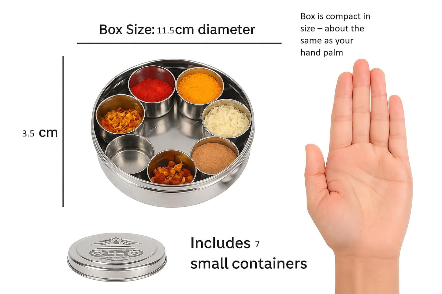 Dynore Stainless Steel Round Pooja Box - Mandir Roli, Chawal,Chandan, Kumkum Puja Mandir Box, Dibbi with 7 Containers- Set of 2