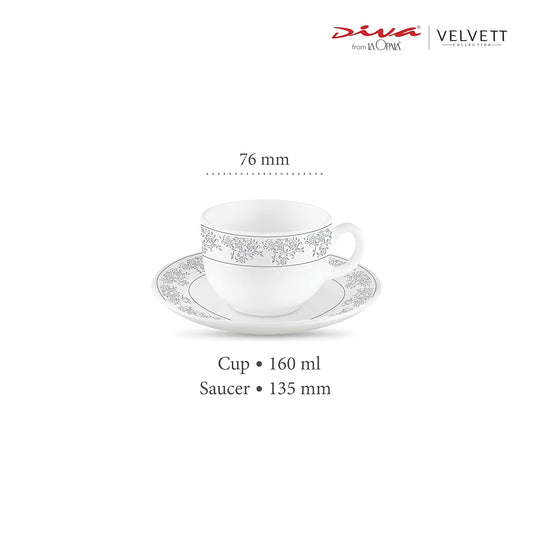 La Opala Diva, Velvett Collection Opal Glass Crockery | Cup & Saucer, Set of 12 | Aria Grey, 160 ml | for Tea & Coffee | Microwave Safe | 100% Vegetarian | Extra Strong | Super Light | Super White