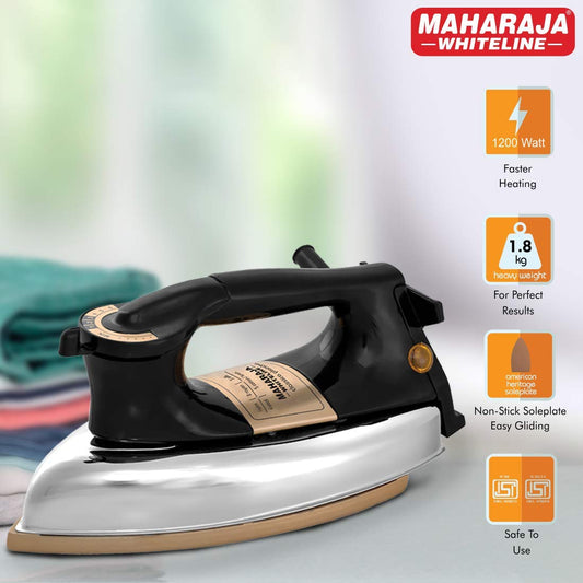 Maharaja Whiteline Classico Plancha 1200 Watt Dry Iron | Non-Stick Soleplate | Heavy Body | Temprature Control | Ergonomic handle (Black), 1200 watts, Stainless Steel