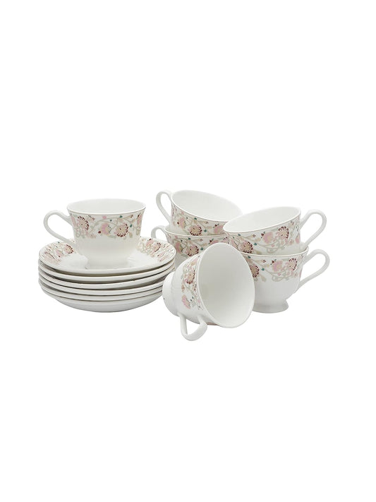 Clay Craft New Georgian Series Fine Ceramic Cup&Saucer Set of 12 (6 Cups+6 Saucers) Red&White Floral Design-Gift to Your Loved Ones On Any Occassions.,Medium (Cc-Cs12-Newgeorgian-S398) 180 Milliliter