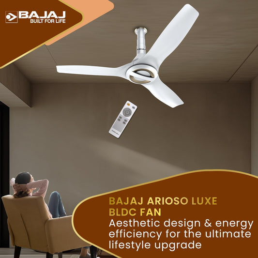 Bajaj Arioso Luxe 1200MM (48") BLDC Ceiling Fans For Home | BEE 5 Stars Rated Energy Efficient | Aerodynamically Designed Blades | Adjustable Canopy | RF Remote | 2-Yr Warranty 【White & Nickel】