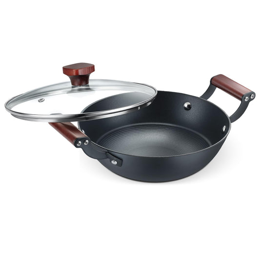 Prestige Castlite Patterned Enamel Coated Cast Iron Kadai 24cm/2.4L with Glass Lid | High Heat Retention, Rust-Proof | Gas & Induction Compatible | Low-Oil Cooking | Stay-Cool Handles | 15Y Warranty