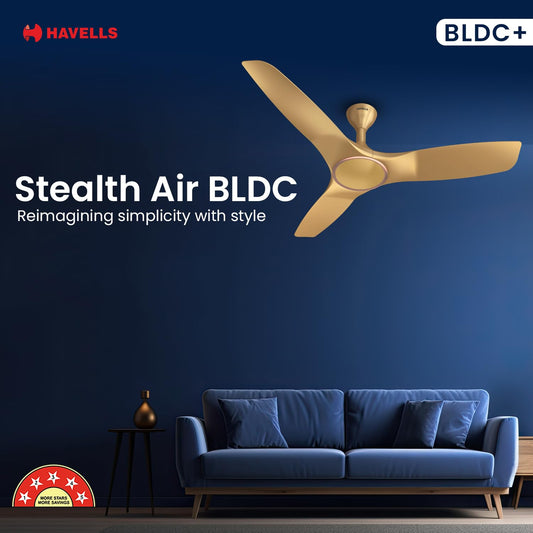 Havells 1200mm Stealth Air BLDC Motor Ceiling Fan | Remote Controlled, High Air Delivery Fan | 5 Star Rated, Upto 60% Energy Saving, 2 Year Brand Warranty | (Pack of 1, Champagne)