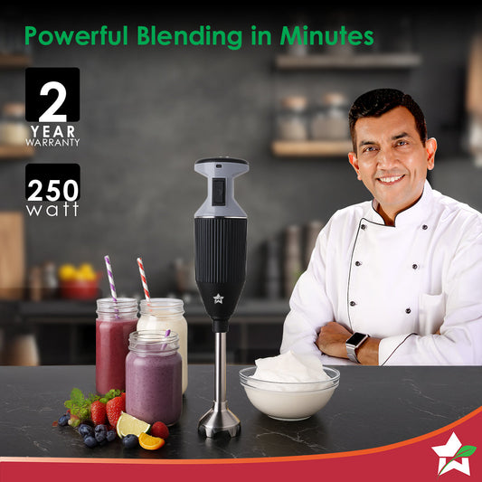 Prima Plus Electric 250W Hand Blender | Portable | Hot & Cold Blending | Food Grade SS Blades | 2 Speed Button | 3 Removable Blades for Blending, Whisking, Chopping | Make Puree, Baby Food, Soup, Smoothie | Wall Mount Holder | 2 Years Warranty | Black