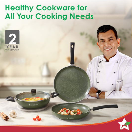 Valencia Non-Stick Cookware 4 Pc. Set | Kadhai with Lid 24 cm, Fry Pan 24 cm, Dosa Tawa 28 cm | Pure Grade Aluminium | PFOA Free | 2-Yr Warranty | Olive Green