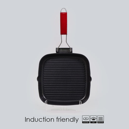 Caesar Nonstick Folding Grill Pan | Ideal for Barbeque, Tandoori & Sandwiches | Smart Folding Handle | Space Saver | Gas & Induction Friendly | PFOA Free | 2.3L | 5 Year Warranty | Black