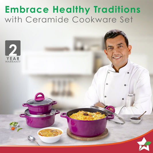 Ceramide Non-stick Casserole Set, 6Pc (1.2L, 2.3L, 3.9L), Induction Bottom, Soft Touch Handle, Pure Grade Aluminium, PFOA/Heavy Metals Free, 2.2mm, Pink, 2 Years Warranty