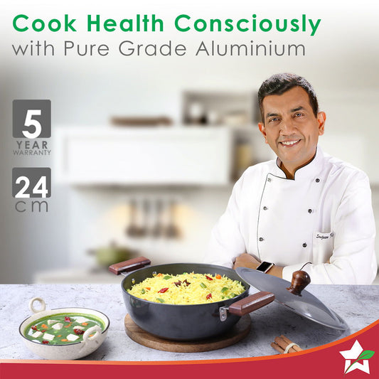 Ebony 24 cm Hard Anodized Deep Kadhai/Kadai with Lid - 3 Litre | Ideal for Sauteeing veggies, Dal and Curries | Black