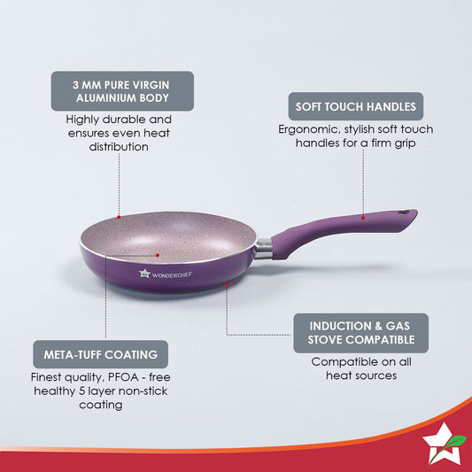 Royal Velvet 20 cm Non-Stick Fry Pan with Induction Bottom & Soft-Touch Handle | Virgin Grade Aluminium | PFOA & Heavy Metals Free | 3 mm thick | 1.2 litres | 2 Years Warranty | Purple