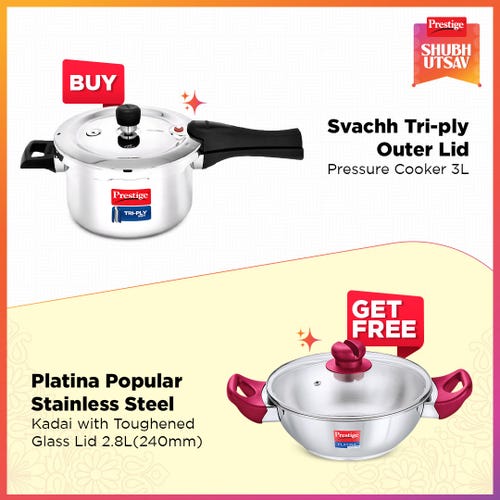 Prestige Svachh Triply Outer Lid Pressure Cooker 3 Litre Silver with Platina Popular Stainless Steel Impact Forged Bottom Kadai 24cm (2.8 L) Silver