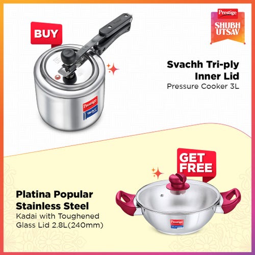 Prestige 3 Litre Tri-Ply Svachh Inner Lid Pressure Cooker Gas & Induction Compatible Spillage Control Even Heat Distribution with Platina Stainless Steel Kadai 24cm (2.8 L) Silver