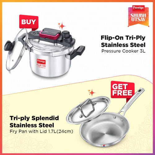 Prestige Flip-On Tri-Ply Stainless Steel Pressure Cooker 3L 180m with Glass Lid, 24cm 1.7L Tri-Ply Stainless Steel Splendid Fry Pan with Lid Gas & Induction Compatible