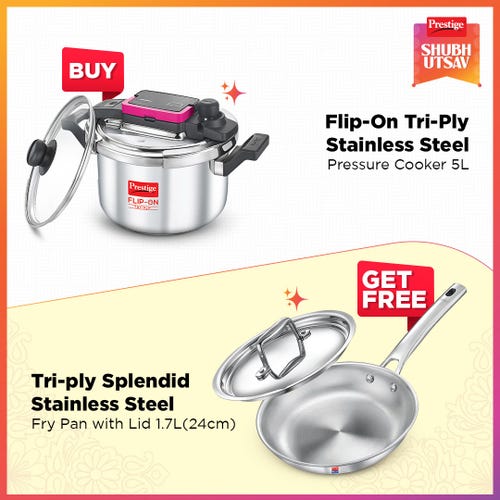Prestige Flip-On Tri-Ply Stainless Steel Pressure Cooker 5L 220m with Glass Lid, 24cm 1.7L Tri-Ply Stainless Steel Splendid Fry Pan with Lid Gas & Induction Compatible