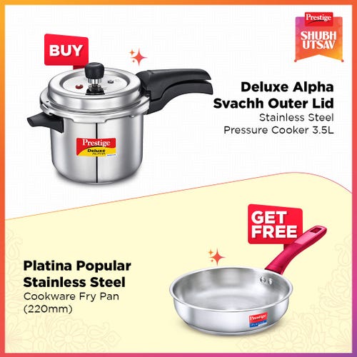 Prestige Deluxe Alpha Svachh Stainless Steel Pressure Cooker 3.5L Silver with Platina Popular Stainless Steel Fry Pan 22cm (1.9 L) Impact Forged Bottom Silver
