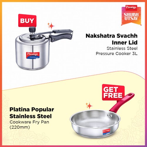Prestige Nakshatra Alpha Svachh Stainless Steel Pressure Cooker 3L Silver with Platina Popular Stainless Steel Fry Pan 22cm (1.9 L) Impact Forged Bottom Silver
