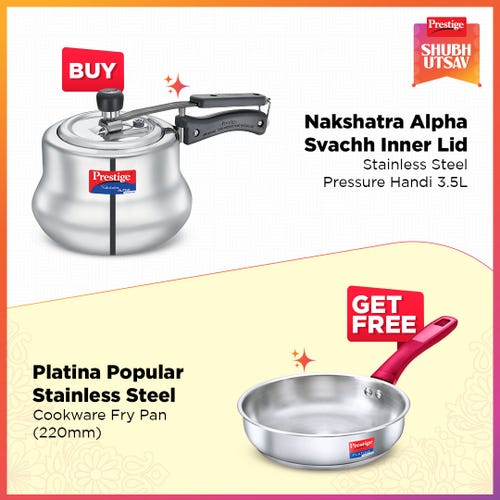 Prestige Nakshatra Alpha Svachh Stainless Steel Handi Pressure Cooker 3.5L Silver with Platina Popular Stainless Steel Fry Pan 22cm (1.9 L) Impact Forged Bottom Silver