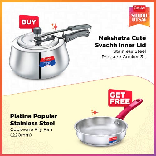 Prestige Nakshatra Cute Svachh Stainless Steel Spillage Control Pressure Cooker, 3 L (Silver), Prestige Platina Popular Stainless Steel Unique Impact Forged Bottom Fry Pan 22cm (1.9 L) (Silver)