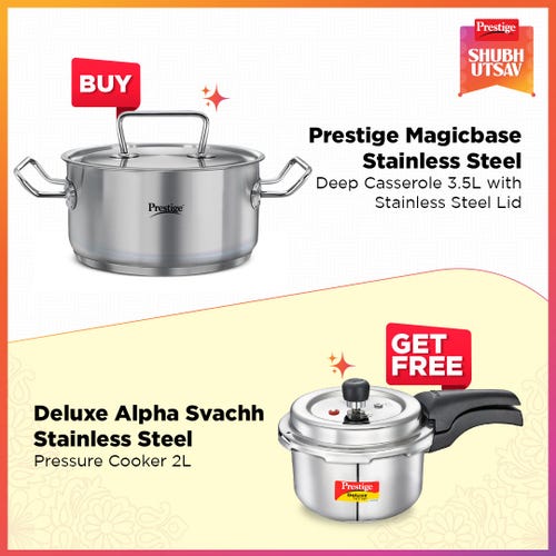 Prestige 20cm/3.5L Magicbase Stainless Steel Deep Casserole with Lid| Tri-Ply Bottom| Induction & ISI Certified, with Deluxe Alpha Svachh 2L SS Spillage Control Pressure Cooker (Silver)