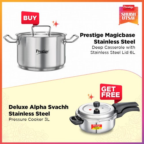 Prestige 24cm/6L Magicbase Stainless Steel Deep Casserole with Lid| Tri-Ply Bottom| Induction & ISI Certified, with Deluxe Alpha Svachh 3L SS Spillage Control Pressure Cooker (Silver)