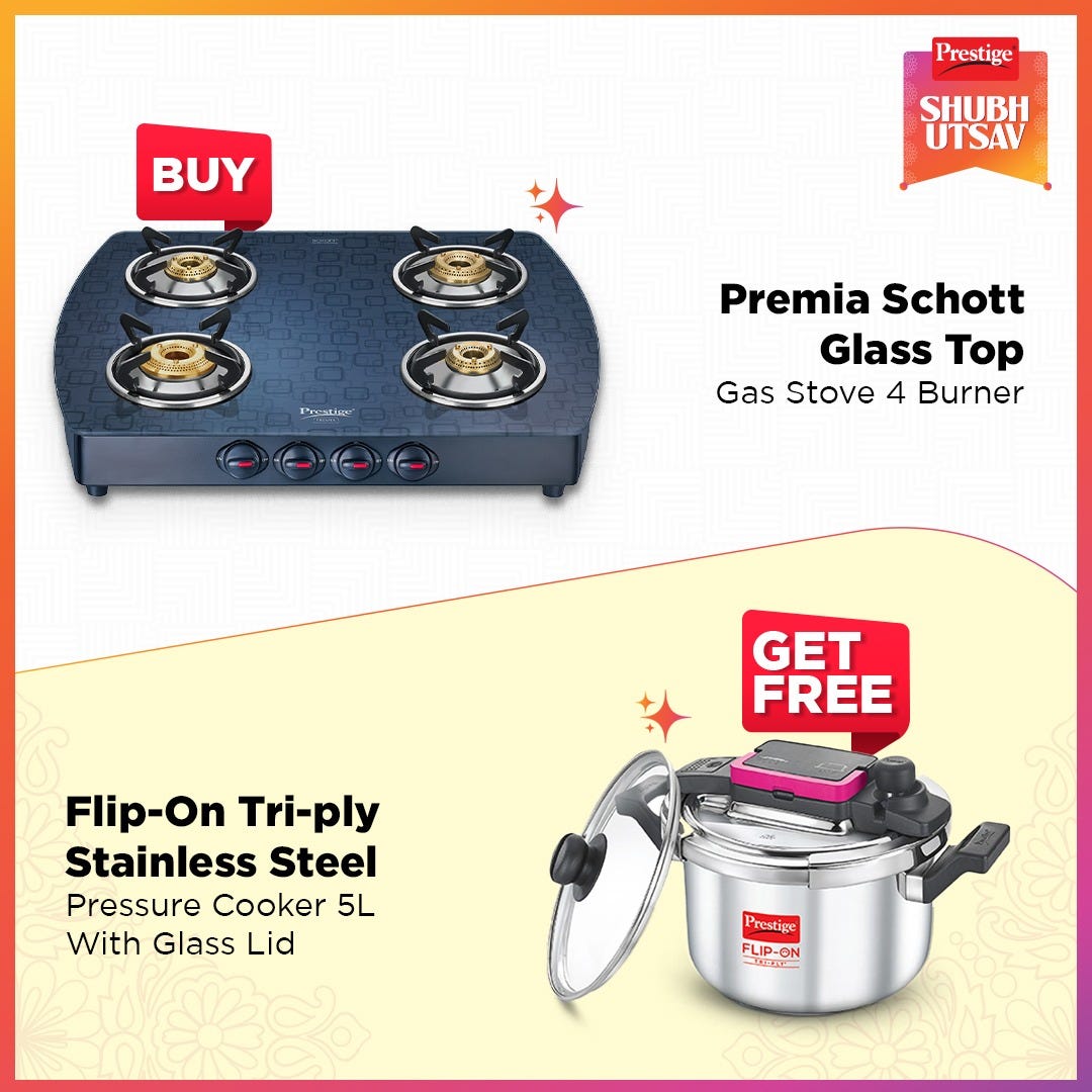 Prestige Premia Schott Glass Top Gas Stove (4 Burners) - GTS 04 (D) (Black) with Flip-On Tri-Ply Stainless Steel Pressure Cooker 5 L 220m with Glass Lid