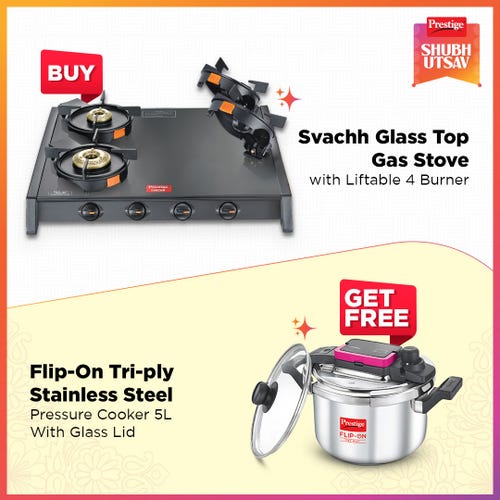 Prestige Svachh Glass Top Gas Stove (4 Burners) with Liftable Burners - GTSB-04 and Flip-On Tri-Ply Stainless Steel Pressure Cooker 5 L 220m with Glass Lid