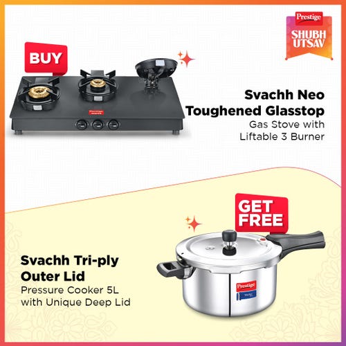 Prestige Svachh Neo Toughened Glasstop Gas Stove with Liftable 3 Burners (Black) - GTSN 03 and Svachh Triply Outer Lid Pressure Cooker with Unique Deep Lid for Spillage Control, 5 Litre, Silver