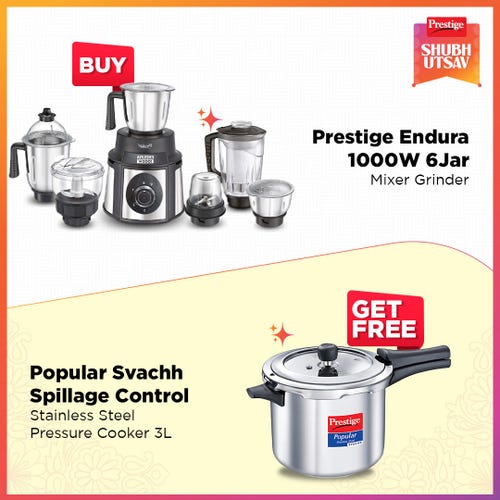 Prestige 1000 Watt Endura Mixer Grinder with 3 Stainless Steel Jar + 1 Juicer Jar, 1 Mix-O-Keep Jar, 1 Multi-utility Jar, Black and Popular Svachh Spillage Control SS Pressure Cooker, 5 L (Silver)