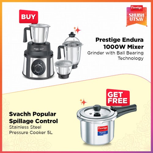 Prestige 1000 Watts Endura Mixer Grinder with 3 Stainless Steel Jar and Black, Silver and Popular Svachh Spillage Control Stainless Steel Pressure Cooker, 3 L (Silver)