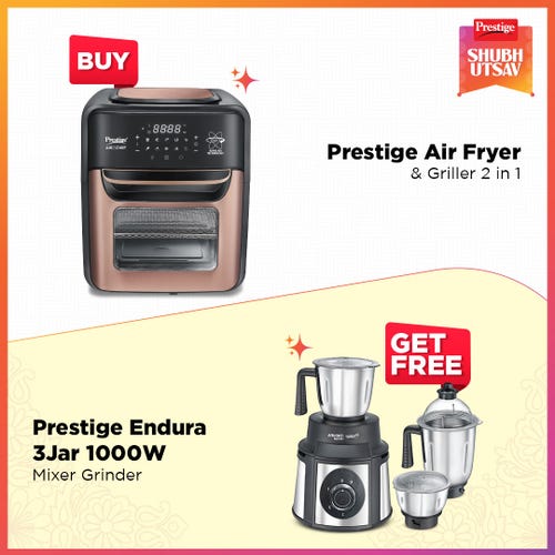 Prestige Air Chef 12L Air Oven | 360° Rapid Air | 10 Preset Menus | Multi-Level Design | Smoke-Free Tech | with Endura 1000W Mixer Grinder, 3 SS Jars, Copper Motor, See-Through Lids