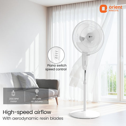 Orient Electric Stand 87 Pedestal Fan | High Speed 2100 RPM 95 CMM | 100% Copper Motor | 90 Degree Oscillation and Tilt | Adjustable Height | 3 Speed | Military Grade Guard| White