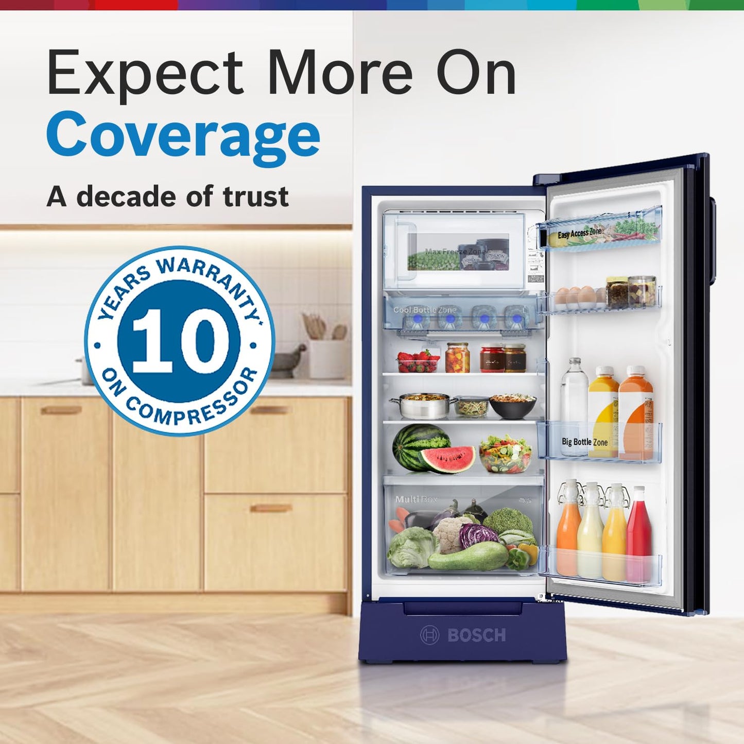 BOSCH 187L, 4 Star, Single Door Refrigerator with Industry's largest base drawer, vegetable box* & Beverage space (CST18B34PI, Feather blue) 18 Hr Cooling Retention, 2.5x Cooling, inverter compressor