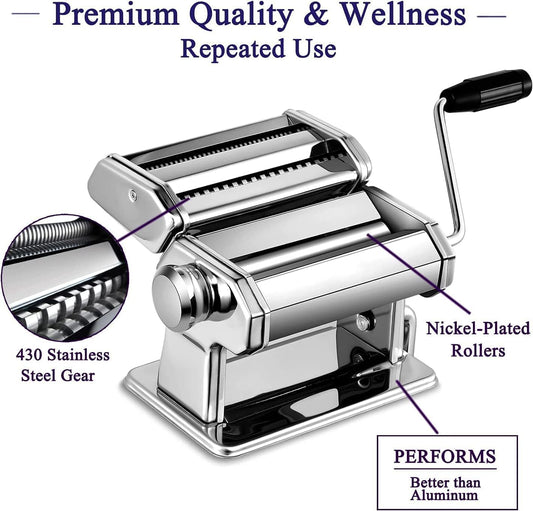 Pasta Maker, 150 Roller Pasta Machine, 7 Adjustable Thickness Settings Noodles Roller with 2-in-1 Noodles Maker with Rollers and Cutter, Perfect for Spaghetti,Fettuccini, Lasagna or Dumpling Skins (smooth silver)