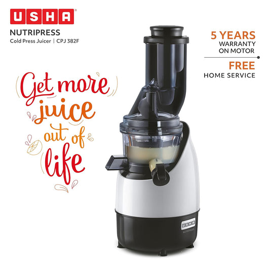 Usha CPJ 382F NutriPress Cold Press Juicer with Full Mouth Feeding Tube, 200 Watt (Black & White)