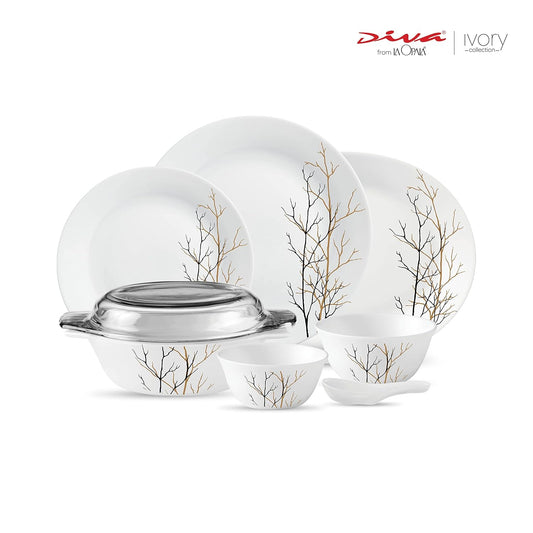 La Opala Diva, Ivory Collection, Opal Glass Dinner Set 35 pcs, Golden Fall, White
