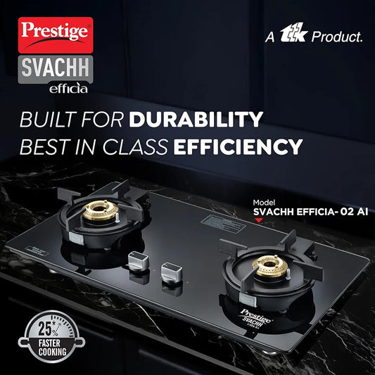 Prestige Svachh Efficia 02AI Hob LP Gas Table|One Touch Advanced Auto Ignition| 8mm Thick superior Toughened Glass|Cast Iron Pan Support|Brass Burners-2|Black