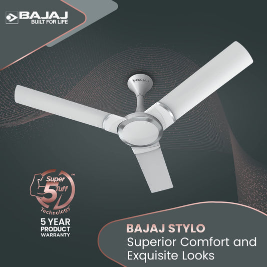 Bajaj Stylo 12S2 1200MM Ceiling Fans for Home | BEE-2 Star Rated Energy Efficient | SUPER 5TUFF TECHNOLOGY™ | SumoTuff Blades | High Air Delivery & High Speed | 5-Yrs Warranty 【Sparkle White】