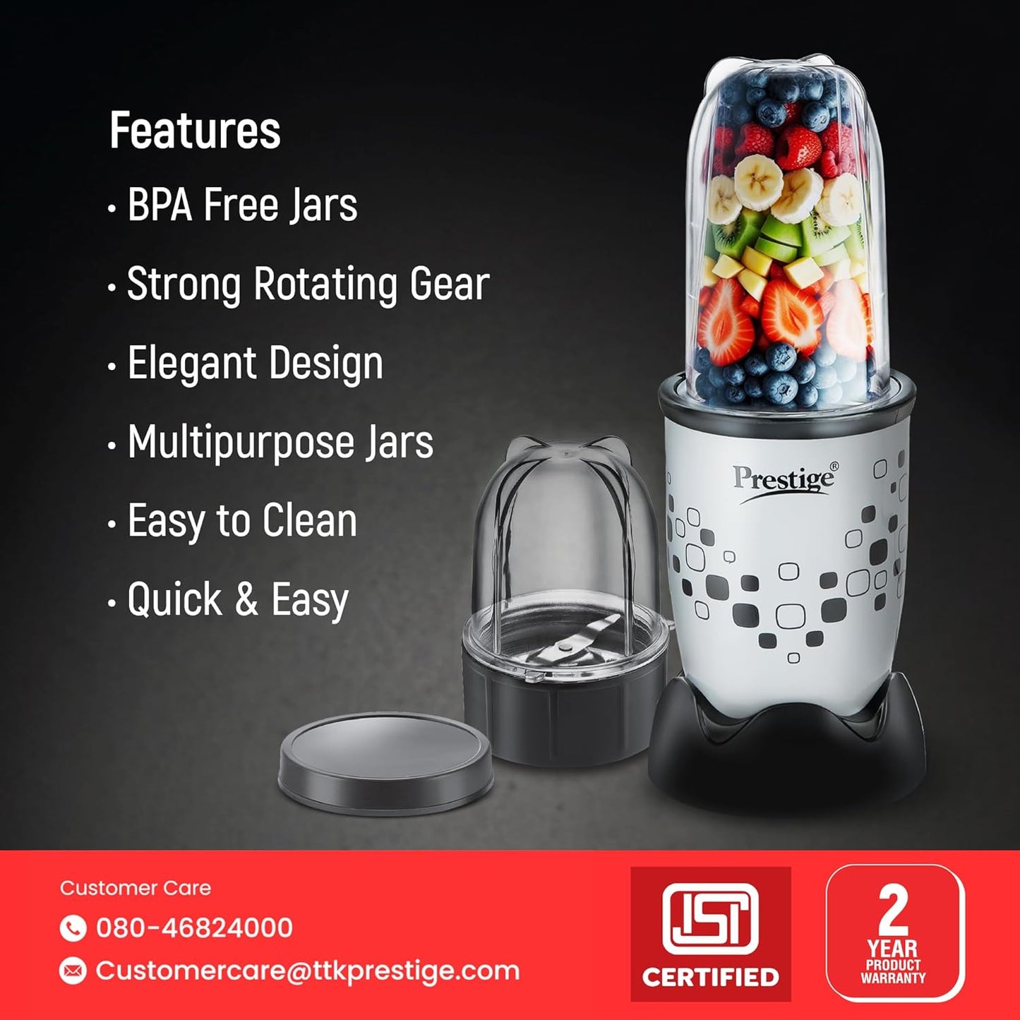 Prestige Nutri-Mix 2.0, 350W Mixer Grinder with 2 Multipurpose Jars | Compact Design | Dual Safety Interlock System | Extra Lids for Storage | Black & Grey