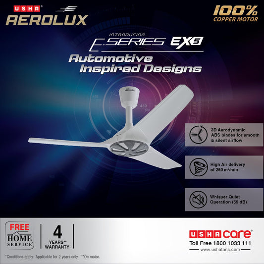 USHA Aerolux EX5 1320 mm Premium Design, Silent Ceiling Fan with ABS Blades (Galaxy White)
