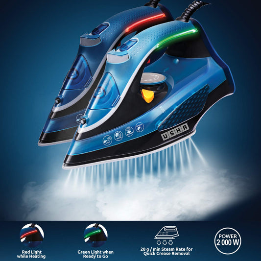 USHA Aqua Glow 2000 watts Steam Iron with Innovative Led Indicator | Ceramic Soleplate |Powerful Steam Output upto 20gm/min | 300ml Water Tank Capacity |Self Cleaning Function| 2 Years Warranty|(Blue)