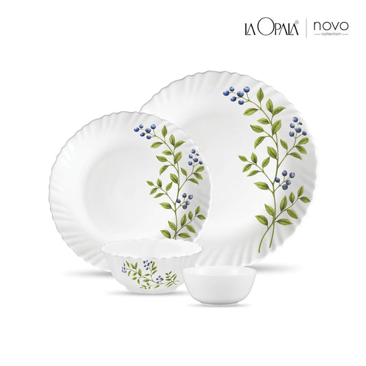 La Opala Novo Collection Opal Glass Crockery | for Family of 6 | Dinner Set 20 pcs Lush Greens | Plates & Bowls for Dining | Microwave Safe | 100% Vegetarian | Extra Strong | Light & White