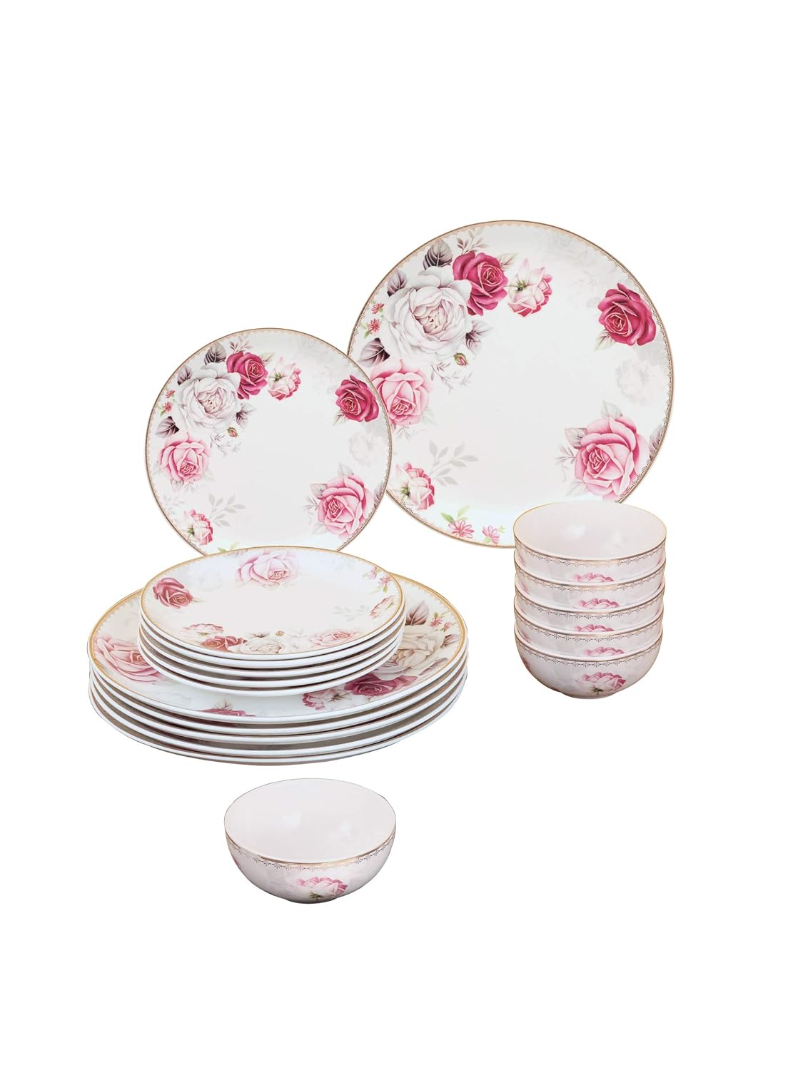 Clay Craft - Urmi Dinner Set of 18 Pieces, Rose Garden 22k Gold, for Family of 6, Dinner Set Ceramic, Crockery Set, Dining Set for Dinner, Plates and Bowls Set, Crockery Set for Gift
